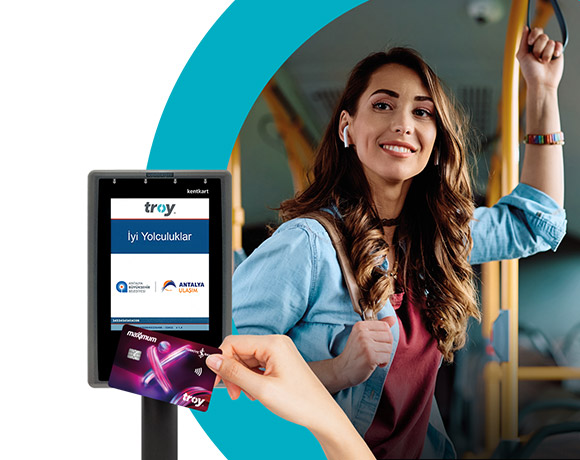Antalya’da hafta içi her gün ilk ulaşımın İş Bankası TROY logolu kartlarla ücretsiz.